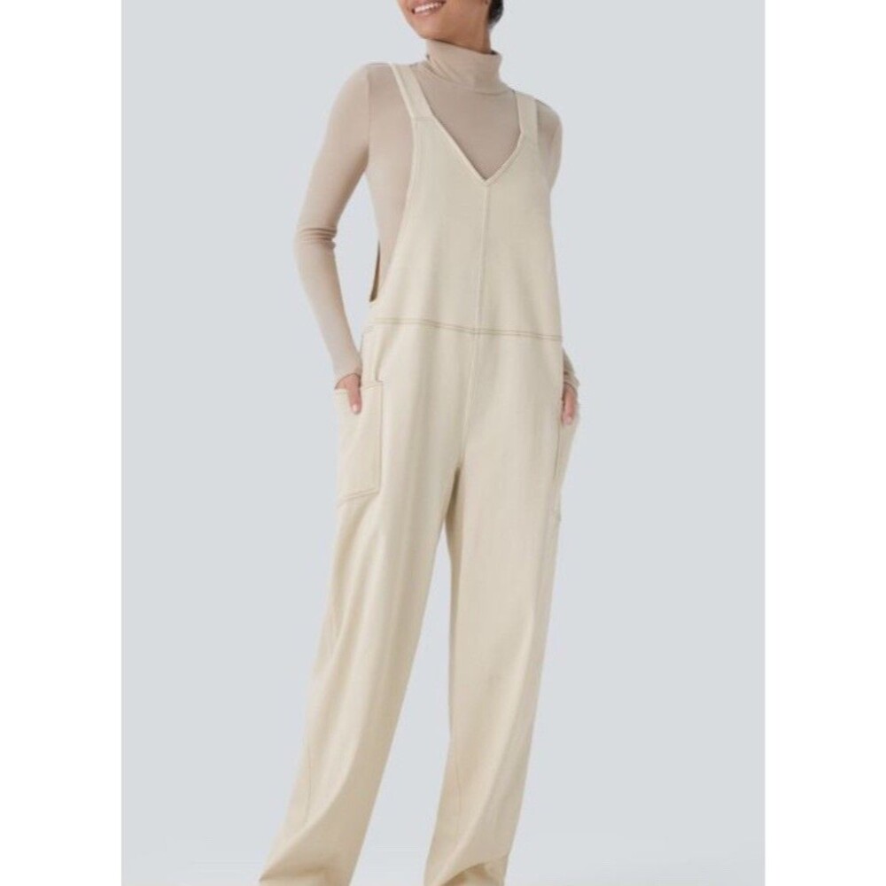 Halara Flex Denim Wide Leg Overalls Jumpsuit Stretchy Ivory Large Regular NEW
